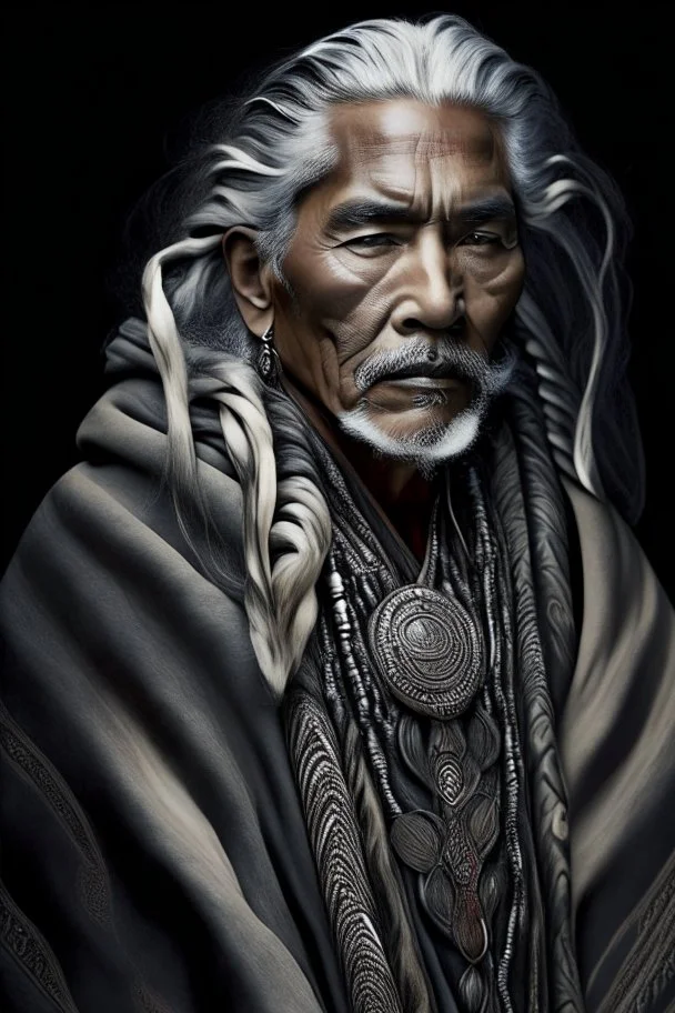 a photo of an Aztec man with ethnic jewelry, grey hair and grey flowing robe, in style of Annie Leibovitz, contemporary portrait of a mature yet beautiful and modernist man, black and grey, detailed feminine face, swirling fluid smokey enigma, award-winning artwork