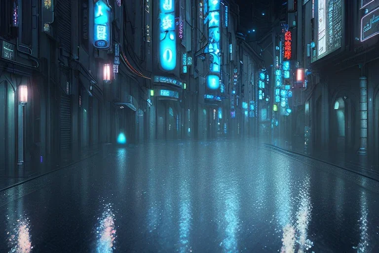 Cinematic, atmospheric, night, Tokyo, dark, rain, high level of detail, high definition, blue neon, futuristic, blender 3d