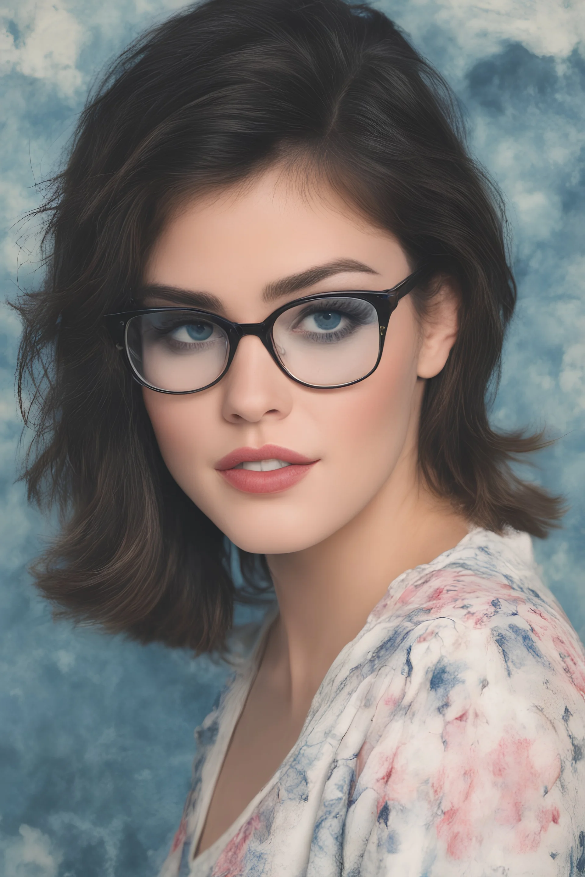 1980's yearbook photo, Lucy Hale, 1980's clothing and hair styles, 4k UHD, photorealistic, ((big, full, plump, pouty lips:1.5)) black hair, big cat-eye eyeglasses, dark blue foggy gradated marble wall background