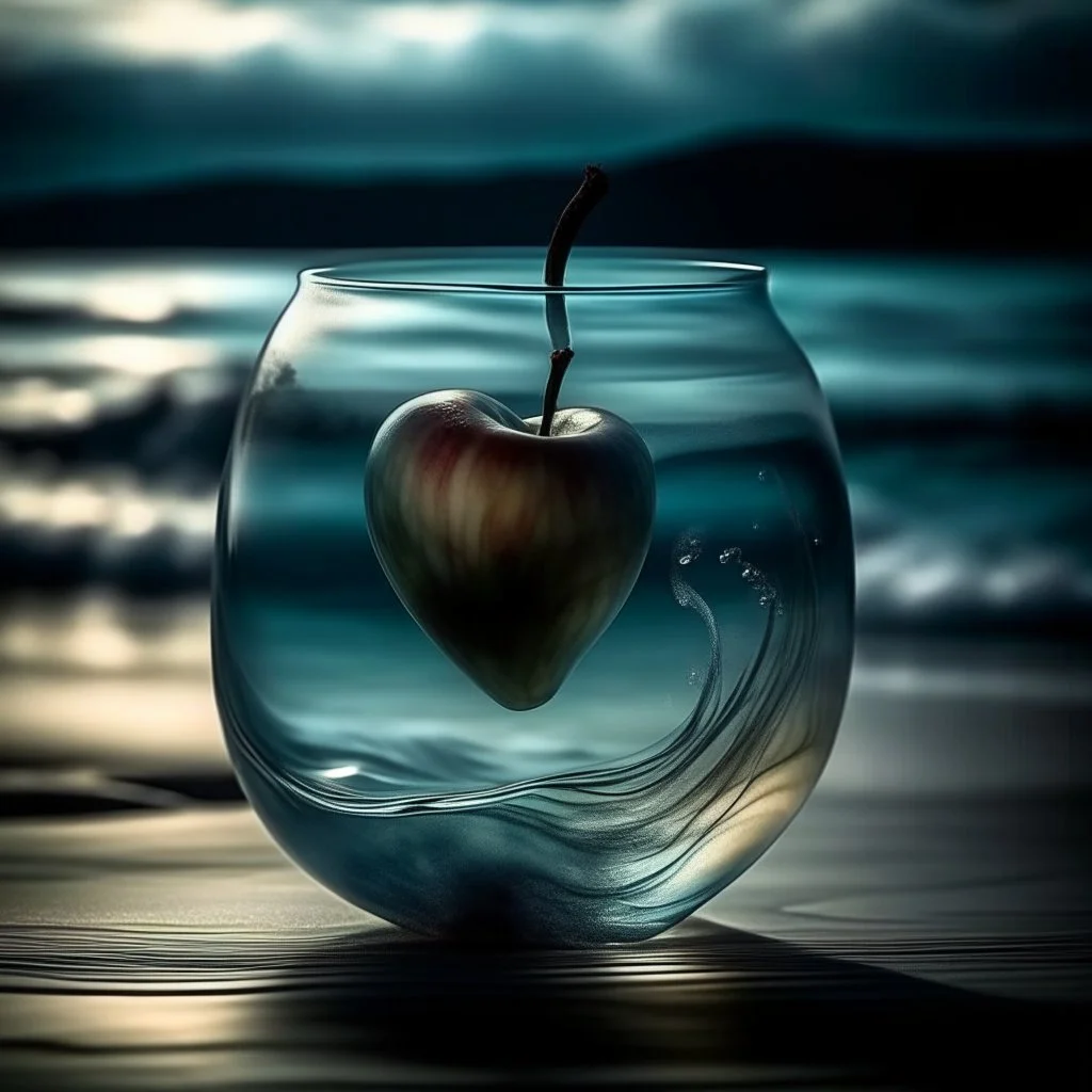 lovely double exposure image by blending together a stormy sea and a glass apple. The sea should serve as the underlying backdrop, with its details subtly incorporated into the glossy glass apple, sharp focus, double exposure, glossy glass apple, (translucent glass figure of an apple) (sea inside) lifeless, dead, glass apple, earthy colors, decadence, intricate design, hyper realistic, high definition, extremely detailed, dark softbox image, raytracing, cinematic, HDR, photorealistic (double exp