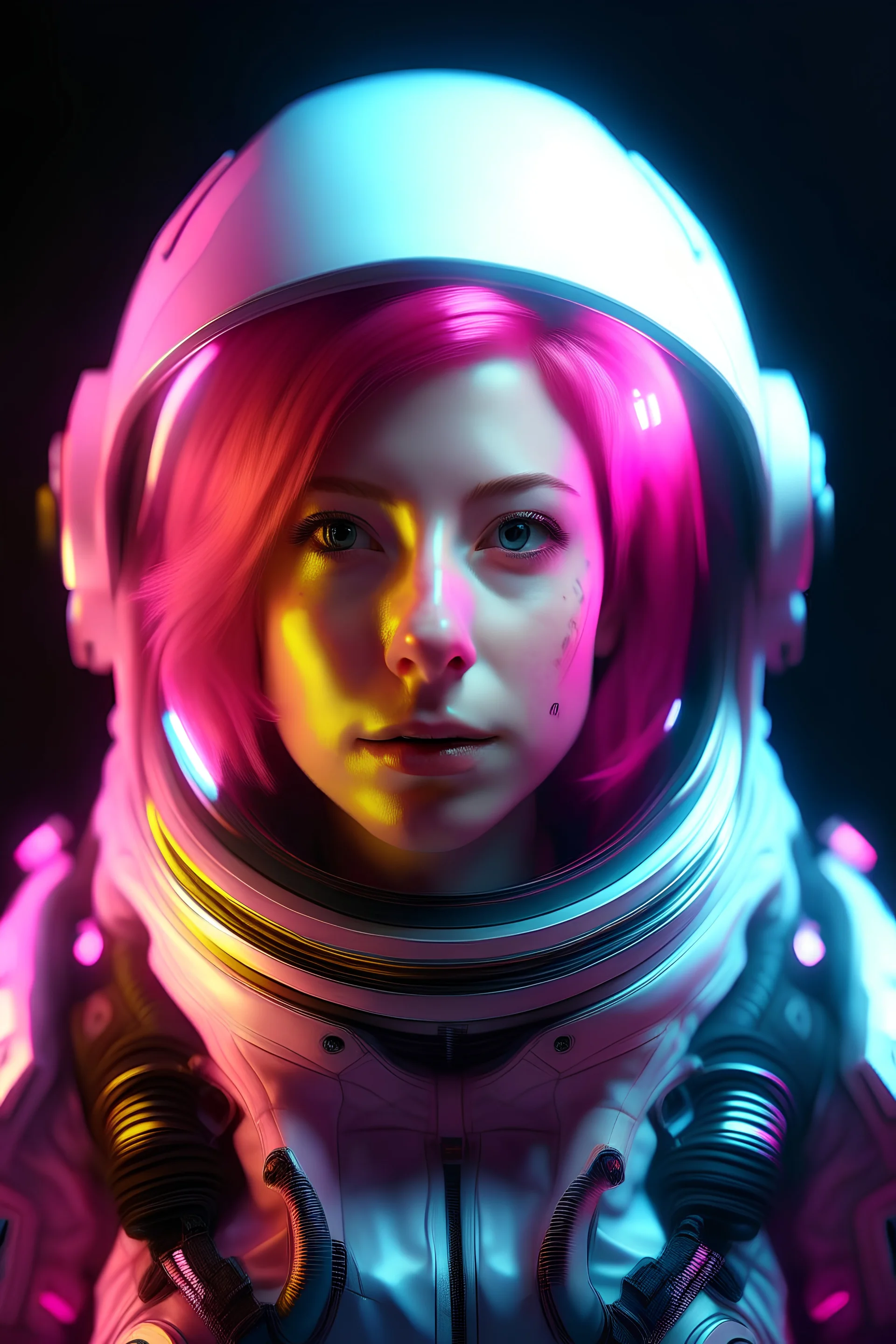 Portrait of a glowing scifi woman in a futuristic astronaut suit, inspired by Jen Bartel, with pink hair, facing the camera, vertical orientation, ultra-detailed, glowing lights, helmet with tinted visor, ethereal aesthetic