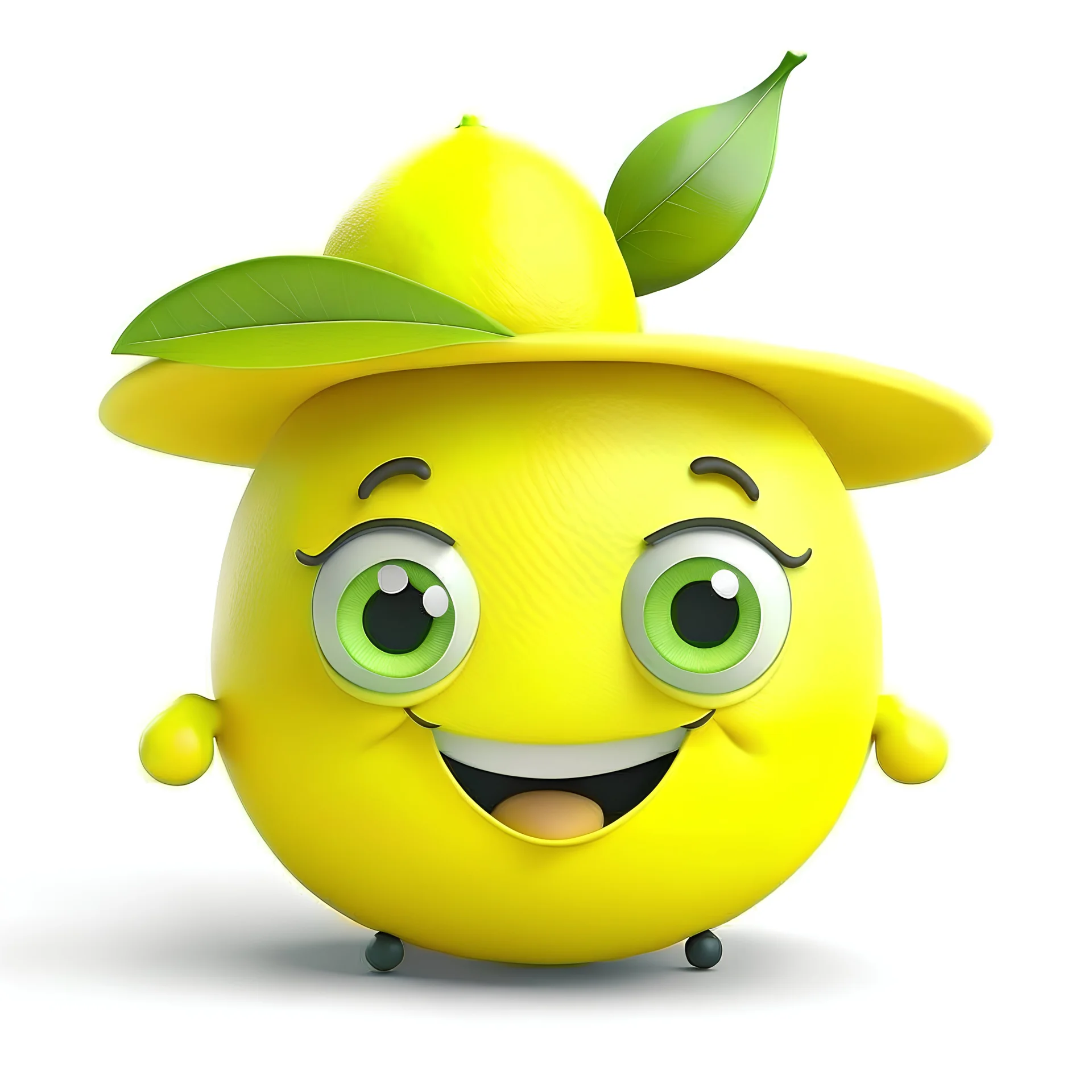 A lemon has eyes, legs, nose, and mouth, and it is smiling, cute, and beautiful, wearing a hat.