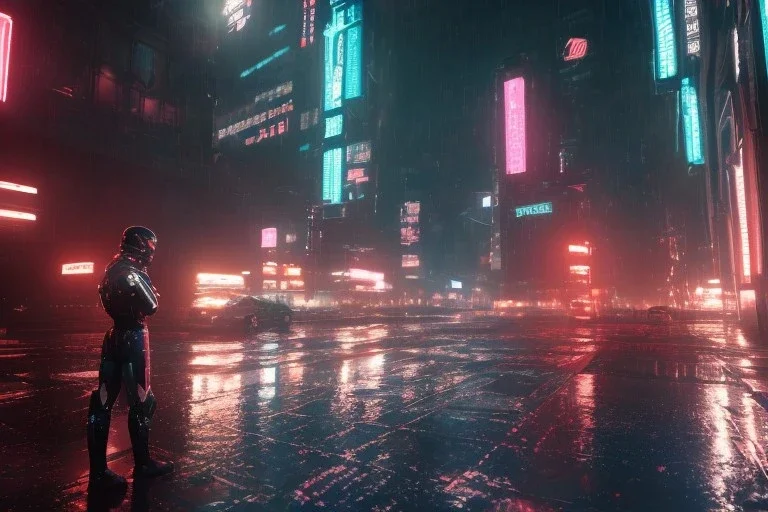 3D, beautiful, light reflecting, empty city at night, rainy night, neon, cyberpunk, tron, person with helmet walking