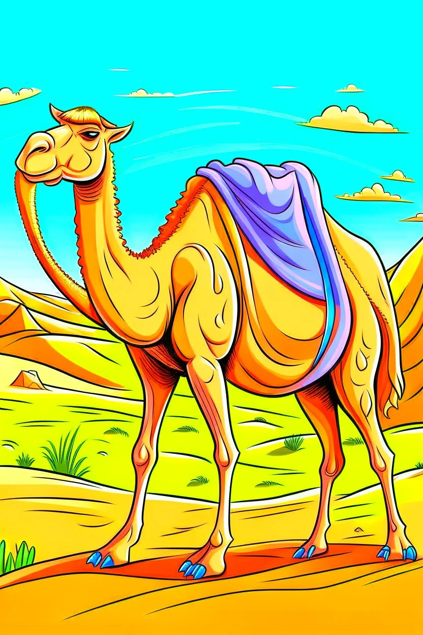 DRAW TO COLORING OF A CAMEL ON THE DESERT, CARTOON STYLE, LOW DETAILS, THICK LINES, NO SHADING