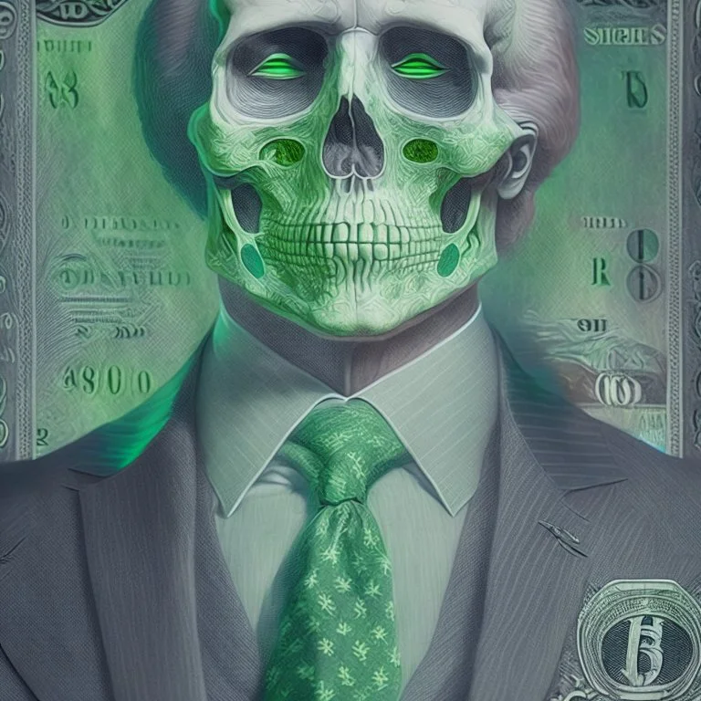 a head and shoulders portrait of a skeleton dressed in a three-piece suit as the president of the united states, based on us currency, united states one dollar bill, shades of green, real-life, colors match the united states one dollar bill, realistic, robotic,