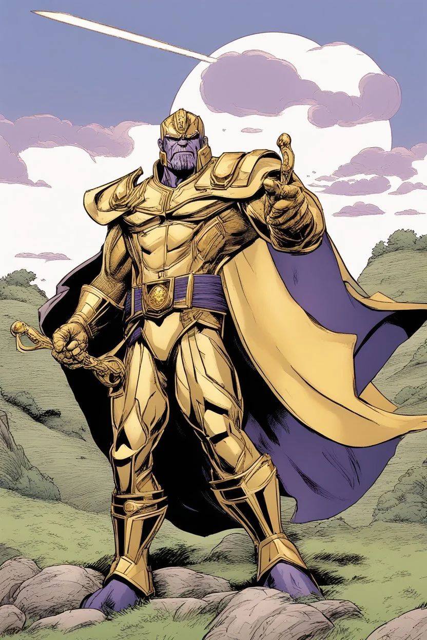 Thanos, the commander of the army of aliens and the king of the entire galaxy, is ready to go on a campaign with his two large swords, his very beautiful and impenetrable armor with his golden helmet, standing on top of a hill with his sword with infinity gauntlet