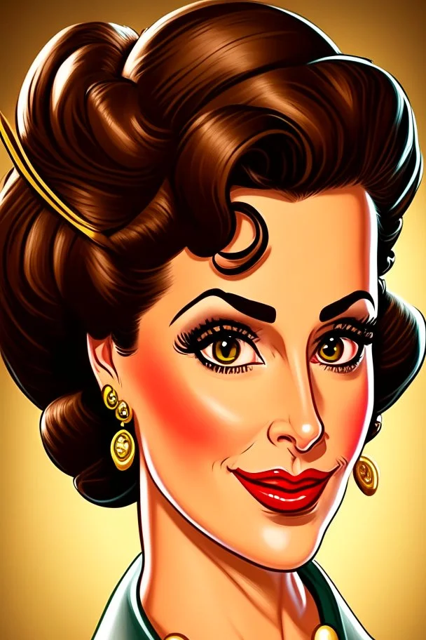 cartoon portrait of a very feminine, sexy European stewardess lady with short brunette hair and strong makeup, big smoky eyes and large golden earrings