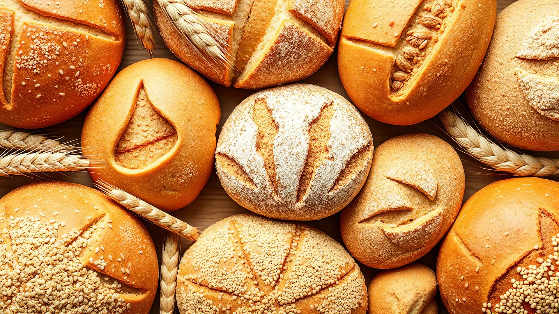 A design full of real baked breads decorated with wheat and flour and wheat, barley and sesame seeds.
