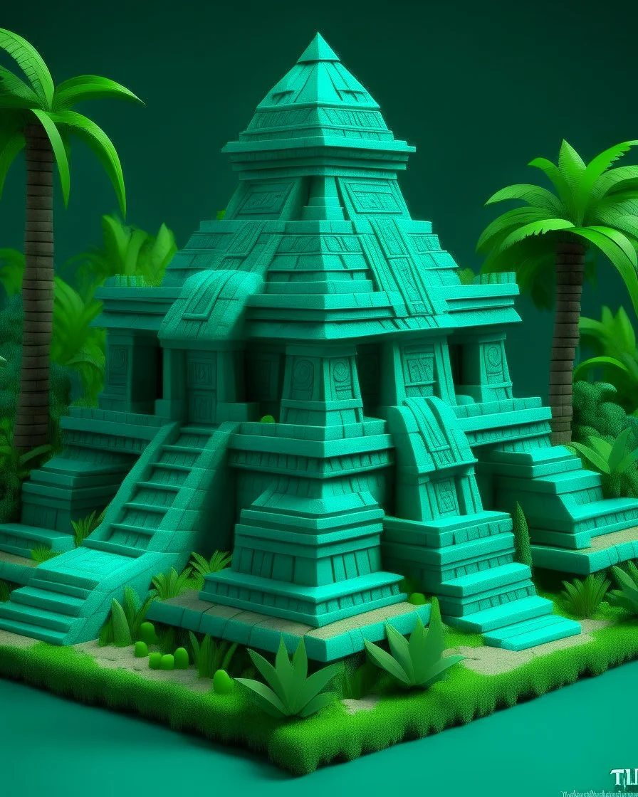 A teal Mayan temple in a jungle designed in German folk art