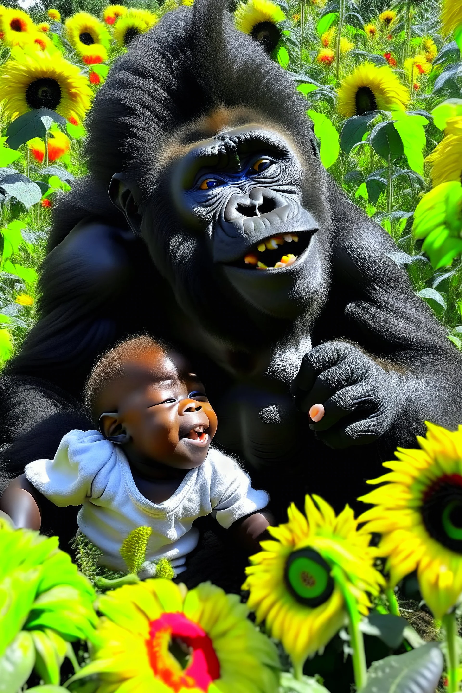 A child play with the s big gorilla among sunflowers farm the child is seems very happy while the gorilla been silly