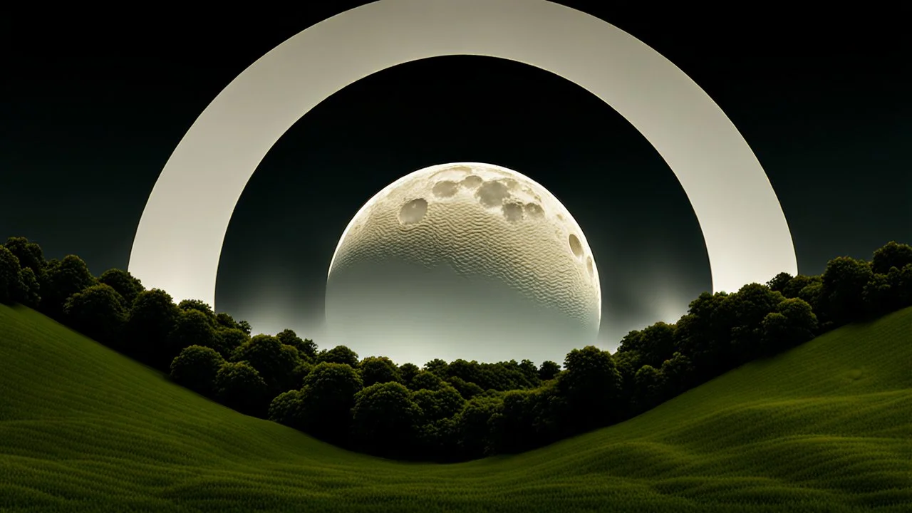 giant virtual moon, maximum quality, centered on frame, far view, in the middle of a grassy hill, white sky with cumulonimbus