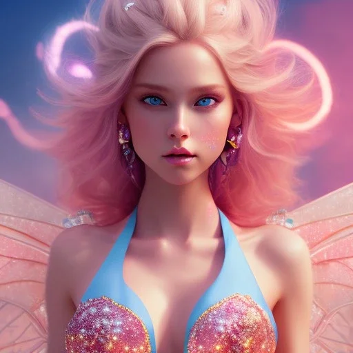 cheerful fairy, pink, blonde hair, beautiful, whole face, whole top hair head, wide open blue eyes, transparent wings onn the back, hyperrealism, masterpiece, expert, cinematic lighting, sharp focus, 8K, pastel, macro lens, woman, detailed, flower