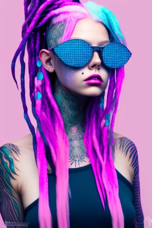 entire body mermaid cyberpunk some fish scales on face pink and indigo hair dreadlock sunglasses