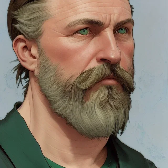 "MIddle aged white human male, with a trimmed but uneven beard, piercing green eyes with slick back hair head and shoulders portrait, 8k resolution concept art portrait by Greg Rutkowski, Artgerm, WLOP, Alphonse Mucha dynamic lighting hyperdetailed intricately detailed Splash art trending on Artstation triadic colors Unreal Engine 5 volumetric lighting Splash art fantasy"