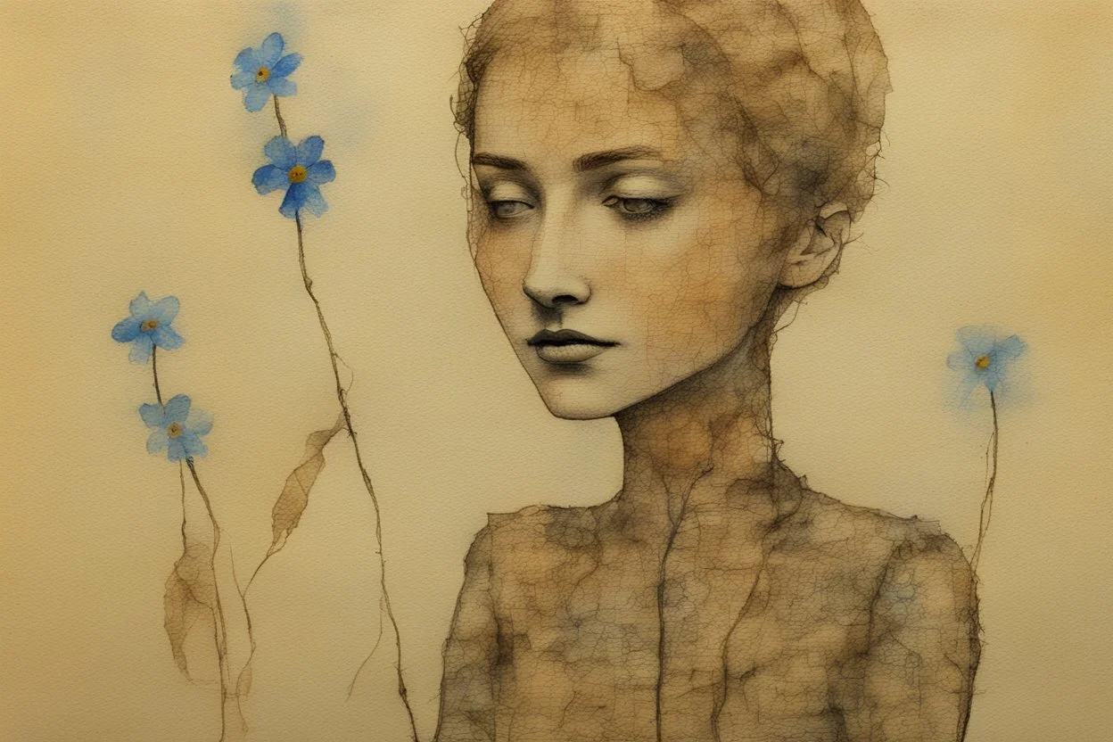 painted and burned burlap, forget-me-not woman, styles of Paul Klee Dee Nickerson and Tim Burton, melting watercolor and black ink outlines on wet paper, soft, shading strokes, in sunshine, ethereal, otherwordly, cinematic postprocessing, bokeh, dof