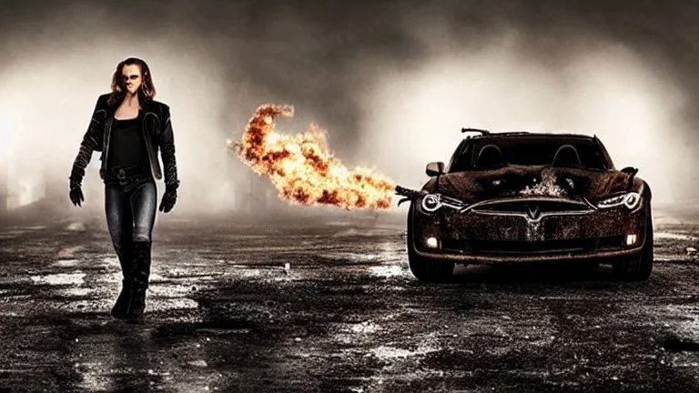 A Tesla's 'Model S Plaid' is doing donuts, in the post-apocalyptic world of the 'Terminator' movies. CINEMATIC. WIDE ANGLE LENS. PHOTO REAL.