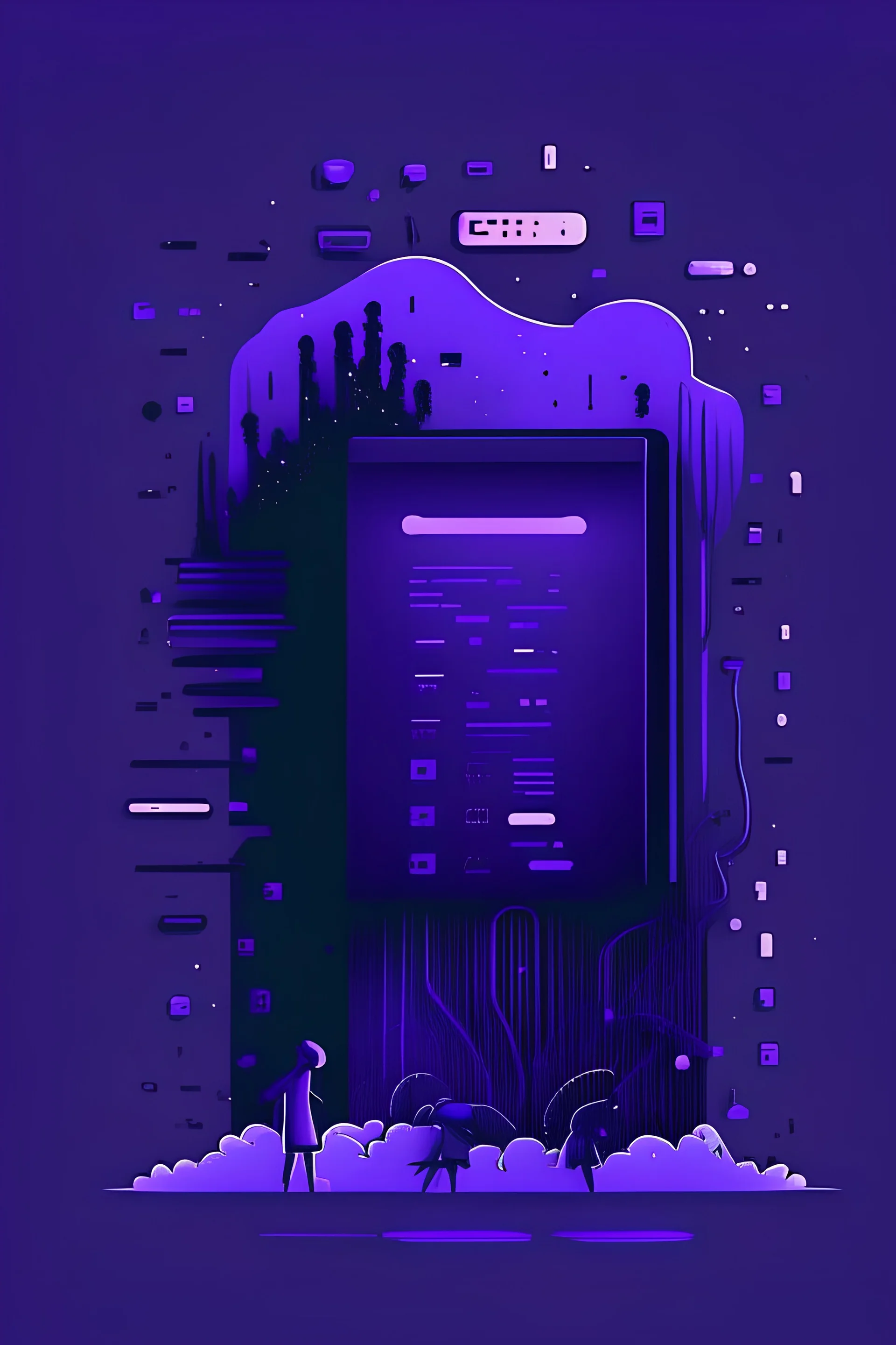 illustrations with a simple art style that show software use, use dark blue-purple and black, make it happy and minimal