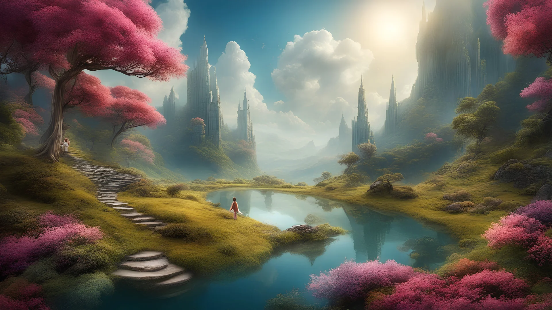 A surreal dreamscape where reality blends with imagination, fantasy, award-winning photograph, realistic, beautiful composition, natural colors, highly detailed, inspiring, beauty, peace, joy, happiness, fantasy, wow