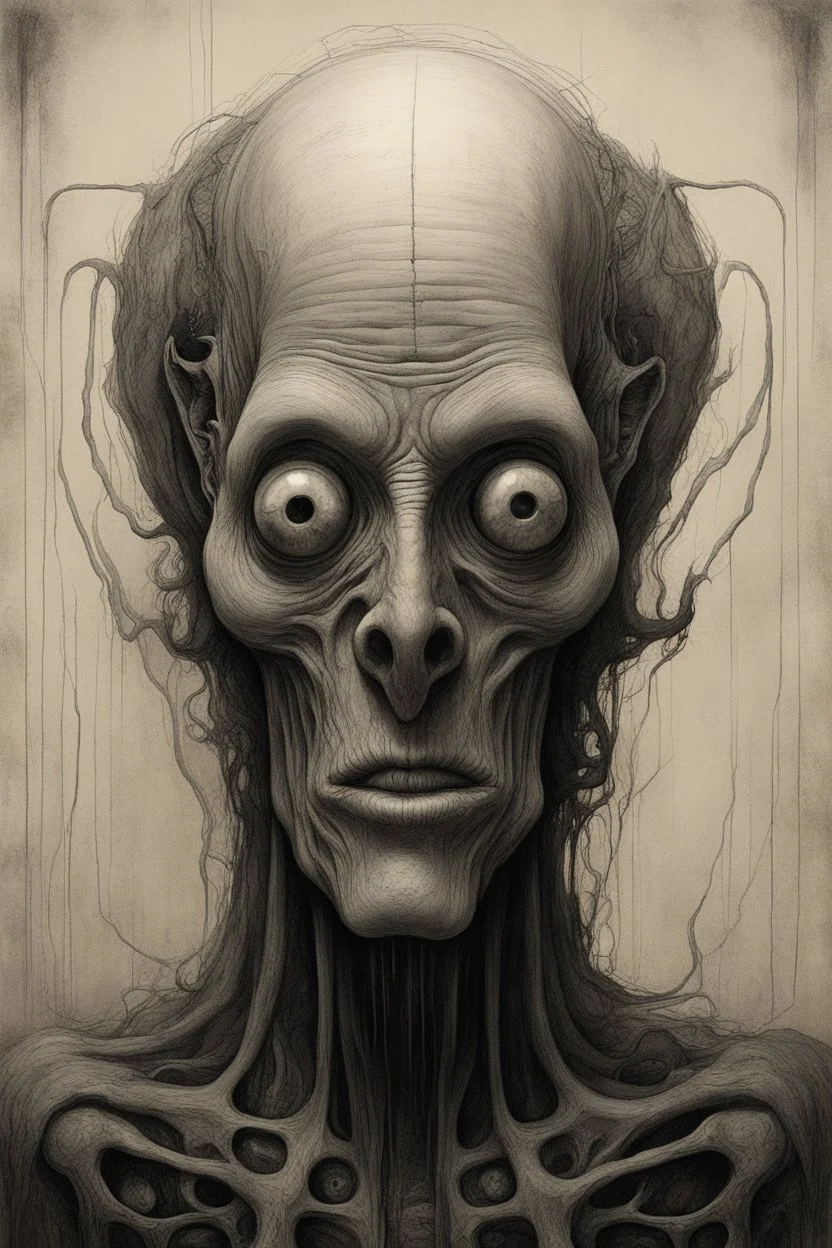 The full body of strange face or an old man , a thin line draw ،front view camera, decayed and rotting with grotesque proportions and imagery. surreal horror, biomechanical design, by hr giger and beksinski , Busch painting style