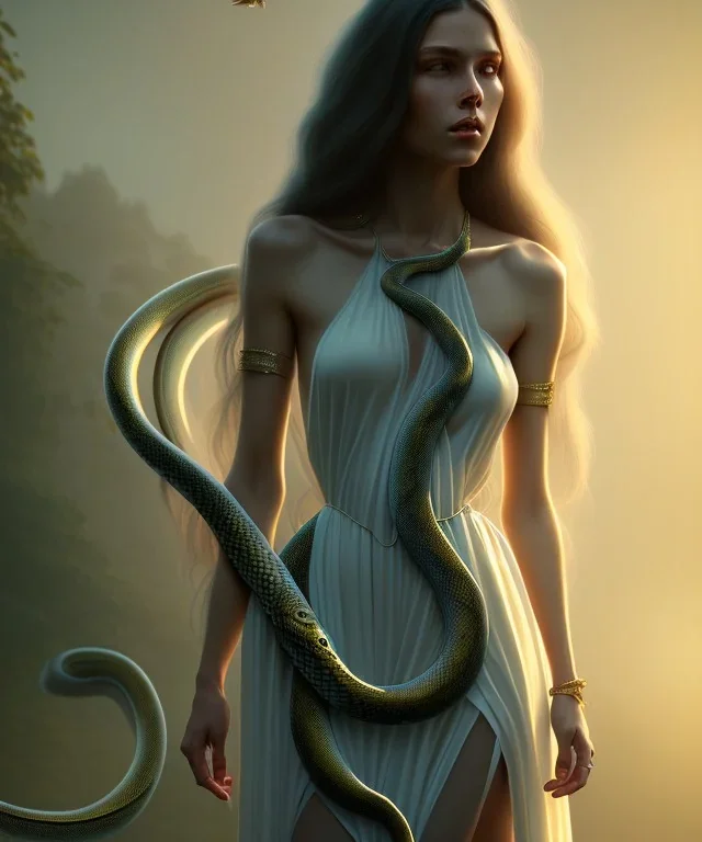 Holy Virgin, celestial light, beautiful, long fabric dress, beautiful long black hair to the waist, big snake resting on shoulders, grabbing snake, head and shoulders portrait, 8k resolution concept art portrait by Greg Rutkowski, Unreal Engine 5 volumetric lighting