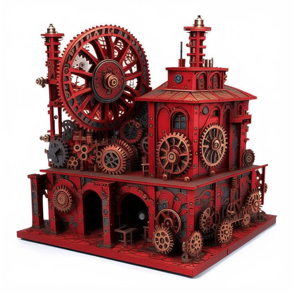 A dark red metallic factory with mechanical gears designed in African pottery painted by Gustav Klimt