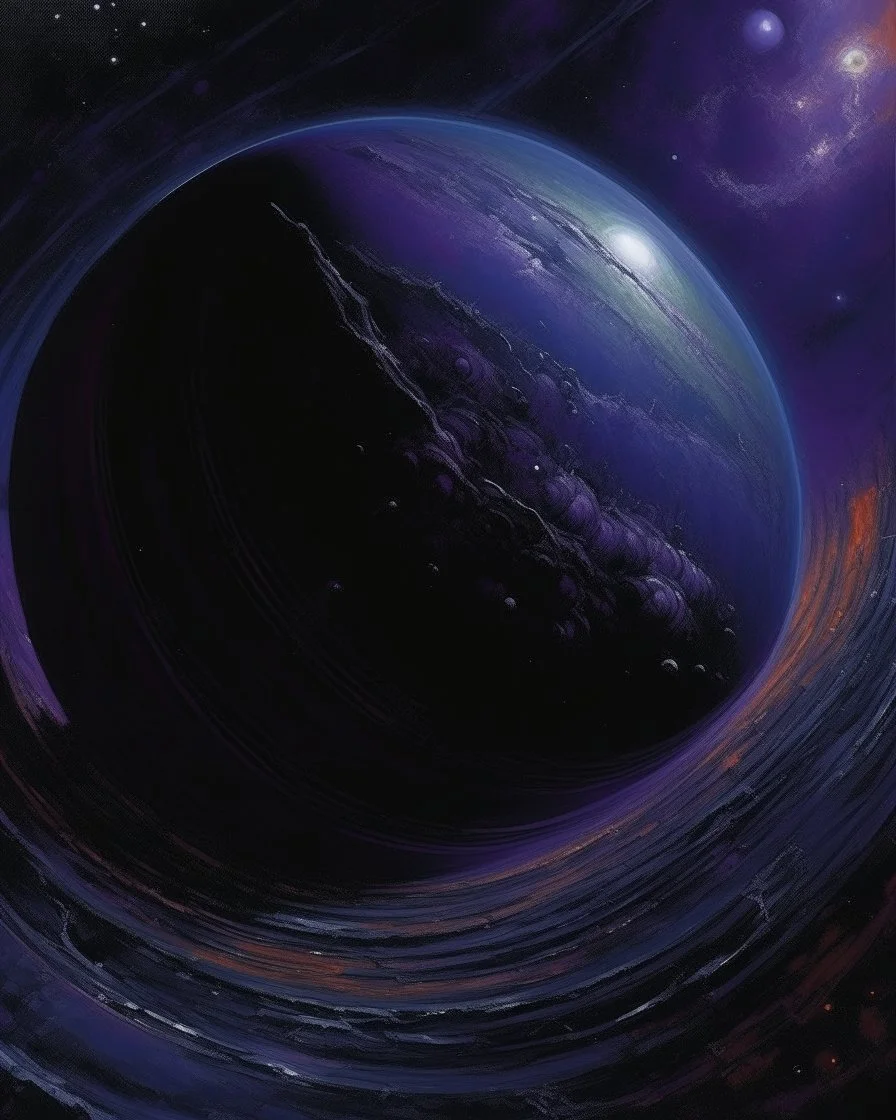 A dark purple planet with marvelous rings around it painted by Claude Monet