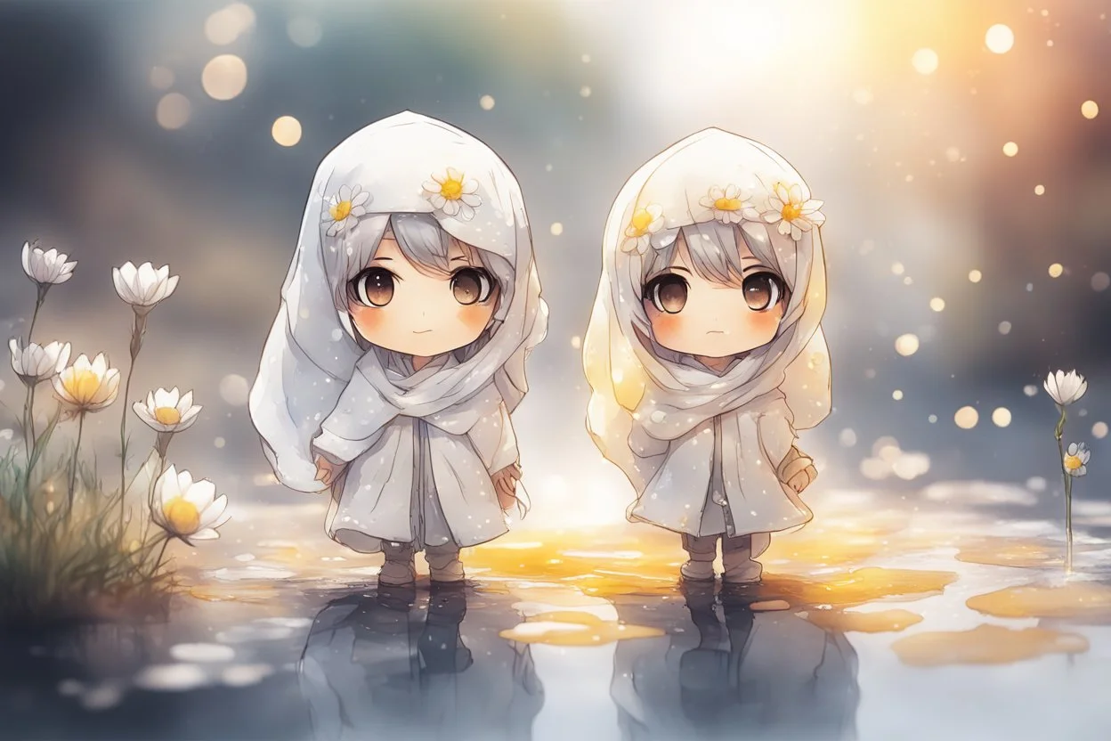 cute chibi anime sheikh, daisy flowers, mist, melting watercolor and black ink outlines on wet paper, soft, shading strokes, in sunshine, ethereal, otherwordly, cinematic postprocessing, bokeh, dof