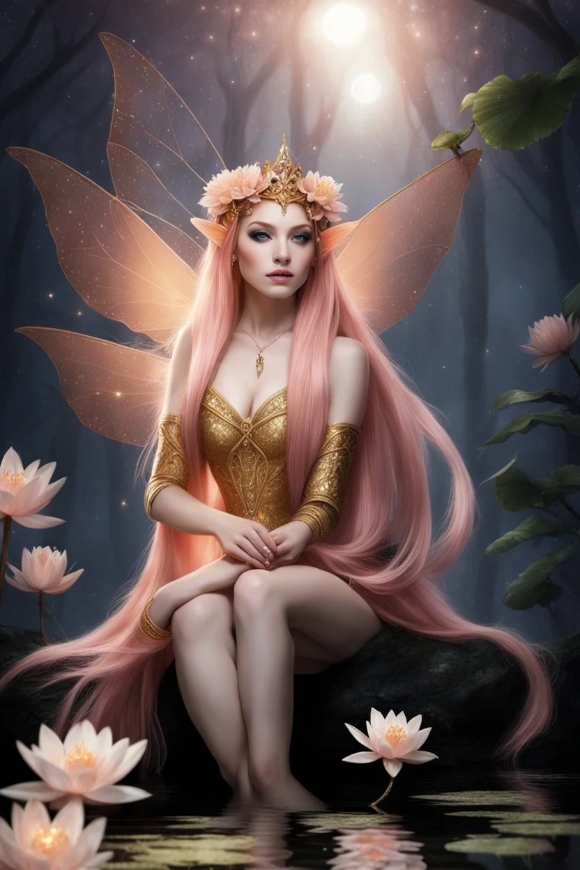 Peach hair , light peach hair, dark,night dark gold,gold,golden,rapunzel hair,dragonflies,water lilies, night,light,,butterflies,elven ears,dark fairy ,night sky,stars,princess,nymph,sparkle,glitter,orchids