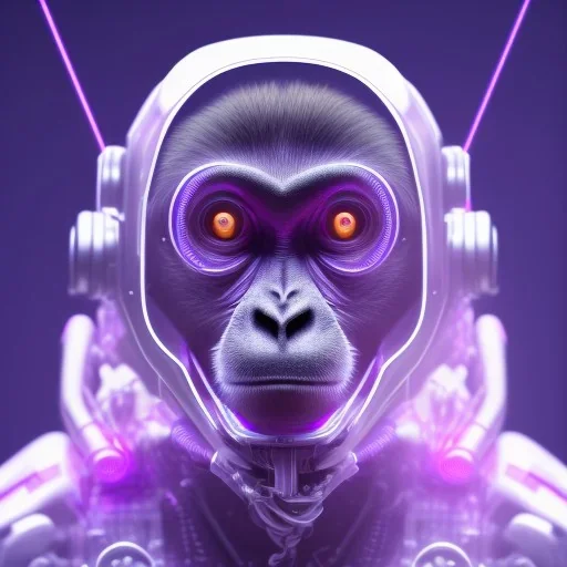 A beautiful portrait of a cyborg monkey purple neon color scheme, high key lighting, volumetric light high details psychedelic background