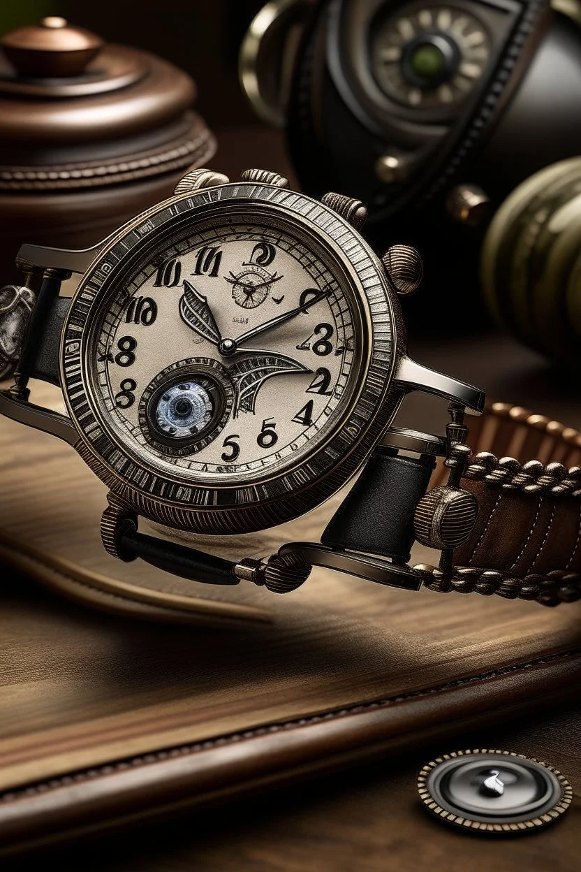 Generate an image of an Obsyss watch from the heritage collection, placed in a vintage setting. Pay attention to details like worn leather straps and antique surroundings to evoke a sense of timeless elegance.