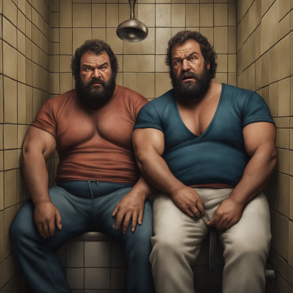 two ugly angry muscular chubby arabs 33 years old similar to bud spencer, very detailed, full figure shot, very realistic photography, dim light, view from below, tiled restroom, tattoo, masculine bearded, mature barely burly bearded muscled and robust, photorealistic, strong side light