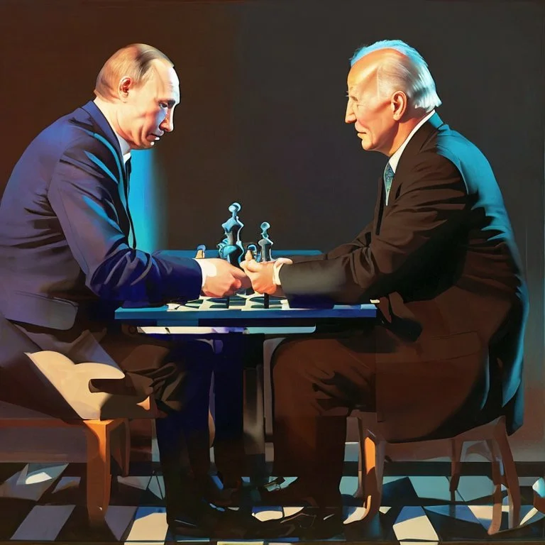 Putin, President Xi Of China And Joe Biden Play Chess between lights and shadow With A Pigeon,And Atomic Bomb Mushroom Cloud,Complex Surgical Instruments Intermixed With A Newborn Boy,Minimalism,Painting By Adrian Ghenie,Rene Magritte,Pablo Picasso,Michelangelo,Salvador Dali,Lucian Freud