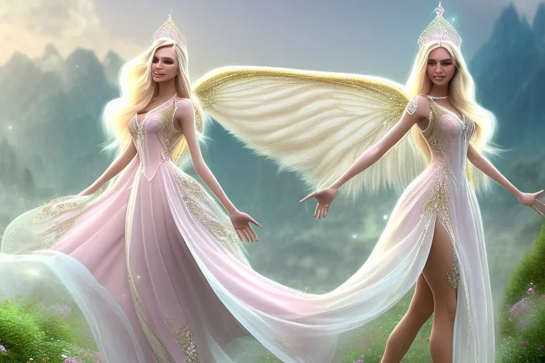 castle in background, beautiful, soft, big smiling, straight and long blonde hair, dewy and shiny atmosphere, diamond crown, long fairy wings in the back, full head, pink veil clothes