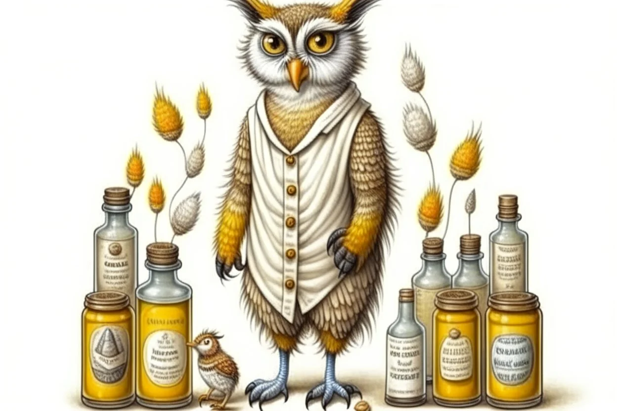 Jean-Baptiste Monge style. Full body of a humanoid biomorph kitten-owl faced nurse in hospital. Pills in jars and piles. A furry striped dress, covered with owl feathers, in sunshine