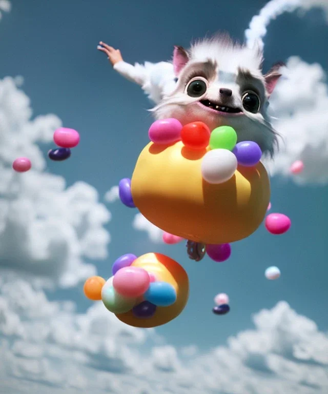 Ultra realistic speed clouds sky scene, wide angle view, sweet childs falling down, inflatable color clothing, free jumping flying, many trinkets, monster head, hair monster, many jelly beans, balls, color smoke, smile, happy, circus style, extreme, wind, clouds sea, 20,000 feet altitude, stratosphere, soft color, highly detailed, unreal engine 5, ray tracing, RTX, lumen lighting, ultra detail, volumetric lighting, 3d, finely drawn, high definition, high resolution.