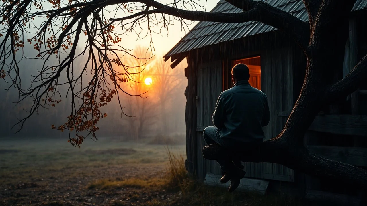 back to he camera sitting a barn on a tree branch and looks into the poor village room through the window, mystic fog, autumn, rain, little light, sunset, high detailed, sharp focuses, photorealistic, perspective, cinematic, dramatic vibe