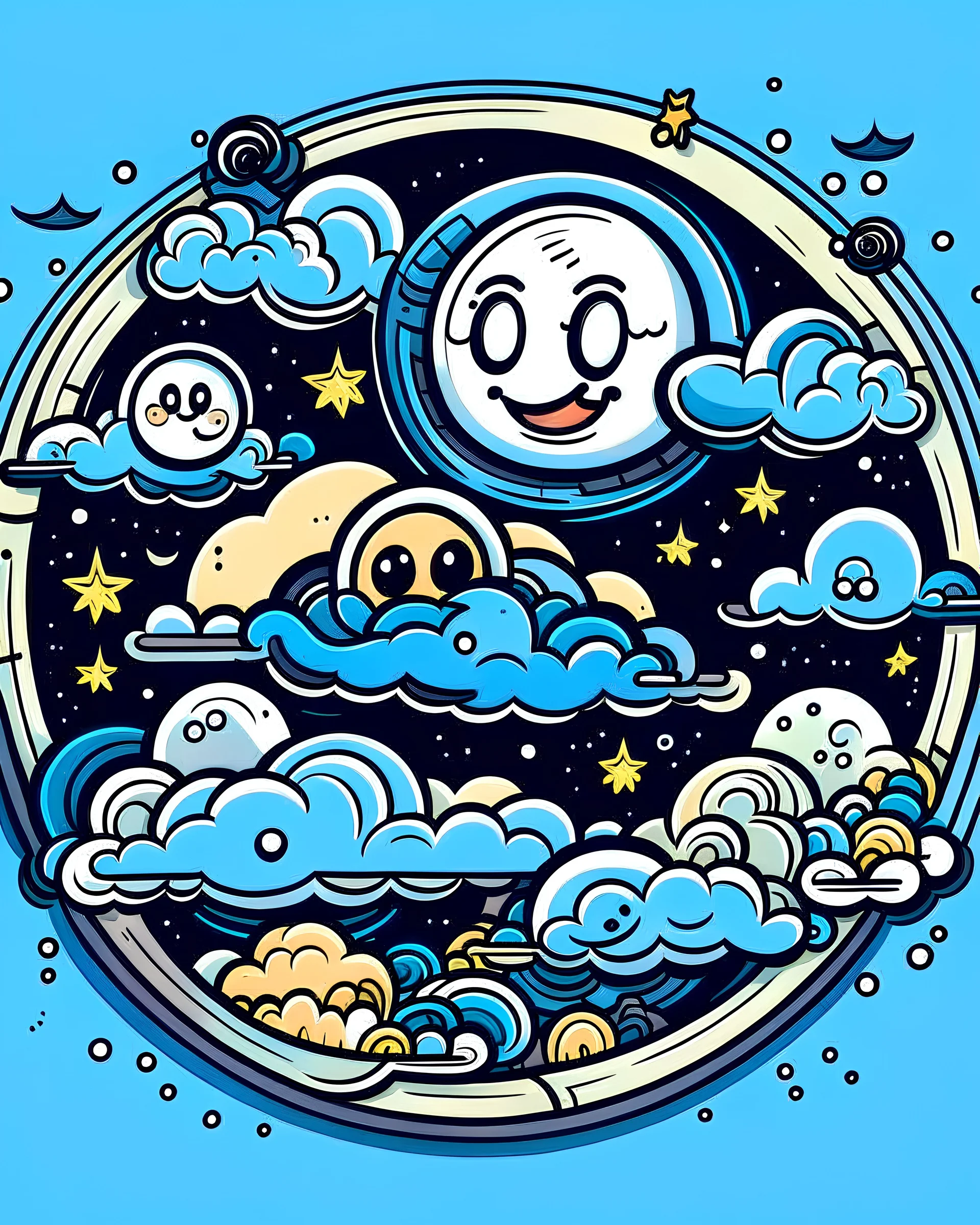 Design a delightful cartoon-style image featuring a cheerful Earth surrounded by fluffy clouds and stars and dotted with playful balloons, evoking a sense of adventure and exploration. , sticker, 2d cute, fantasy, dreamy, vector illustration, 2d flat, centered, by Tim Burton, professional, sleek, modern, minimalist, graphic, line art, vector graphics