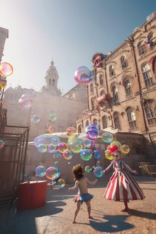 Ultra realistic circus scene. Child’s playing, smile, happy, color bubbles, smooth color, waist up view, Wes Anderson style, a lot of people background, highly detailed, concept art, unreal engine 5, god rays, ray tracing, RTX, lumen lighting, ultra detail, volumetric lighting, 3d, finely drawn, high definition, high resolution.