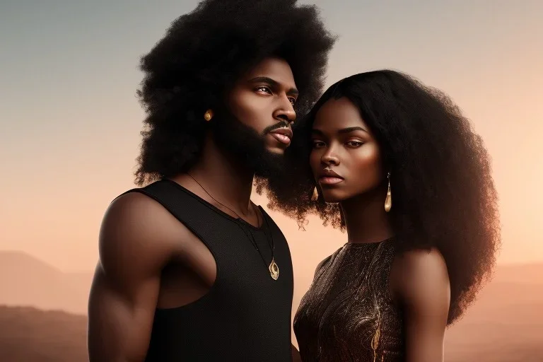 Beautiful black woman with long black hair standing next to brother with a scar, sorcerers, fantasy, ethereal, soft lighting, realistic lighting, HD 8K