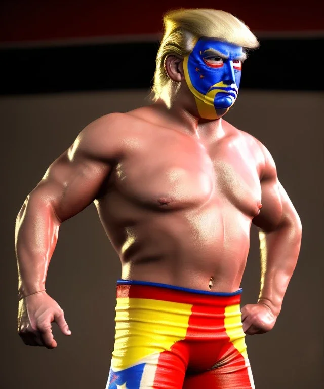 Realistic image of Donald trump wrestler, Mexican wrestling style, Mexican wrestling mask, eye line, red and blue breeches, glow us flag dress, suspenders, retro style, 80s, vibrant color, highly detailed, clean background, concept art, unreal engine 5, god rays, ray tracing, RTX, lumen lighting, ultra detail, volumetric lighting, 3d, finely drawn, high definition, high resolution.