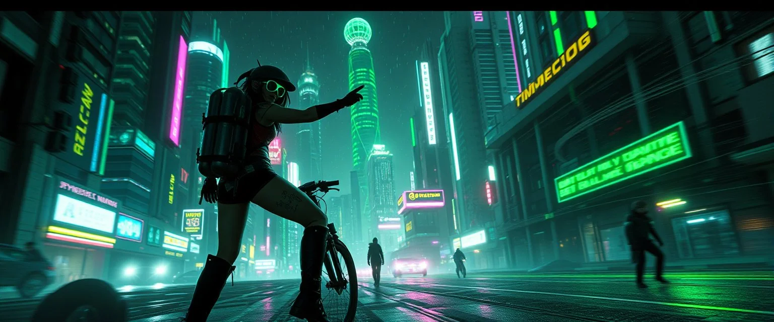cyberpunk space city, in valley, A space priest rogue cowboy girl biker with disco ball rocket backpack named Daisy started doing the splits, Blew a fuse in his hips and short-circuited his bits, The Martian fluffy gremlins went wild, the Plutonians dogs screamed, Even black-and-white aliens turned ultraviolet green! in the style of fallout 4 and HR Giger, background motion blur , and volume fog spot lights