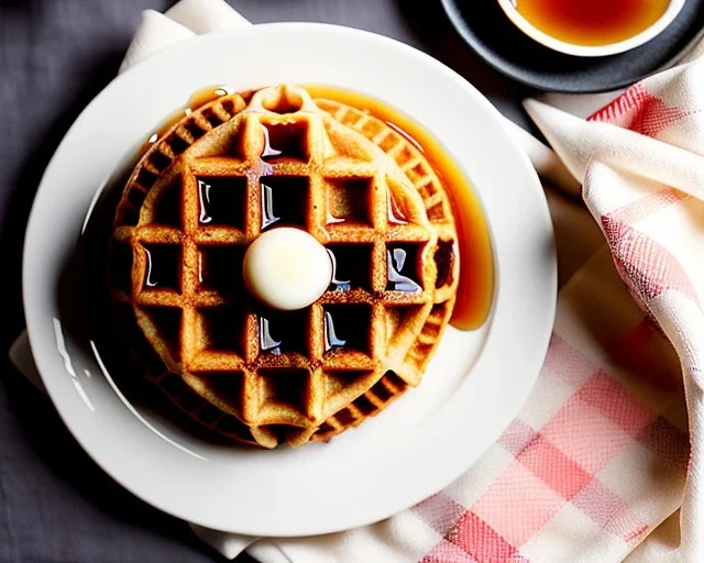 Round waffle with maple syrup plate, plaid napkin fork tines