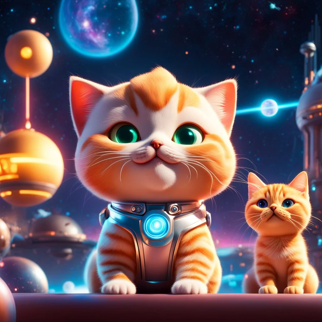 (masterpiece, best quality, 8k, RAW photo, beautiful and aesthetic:1.2), complex detail, Indirect light, photorealistic, (((full body))), Cosmic Boss Baby style smiling, bald, with a ginger cat companion, colorfull Sci-Fi environment