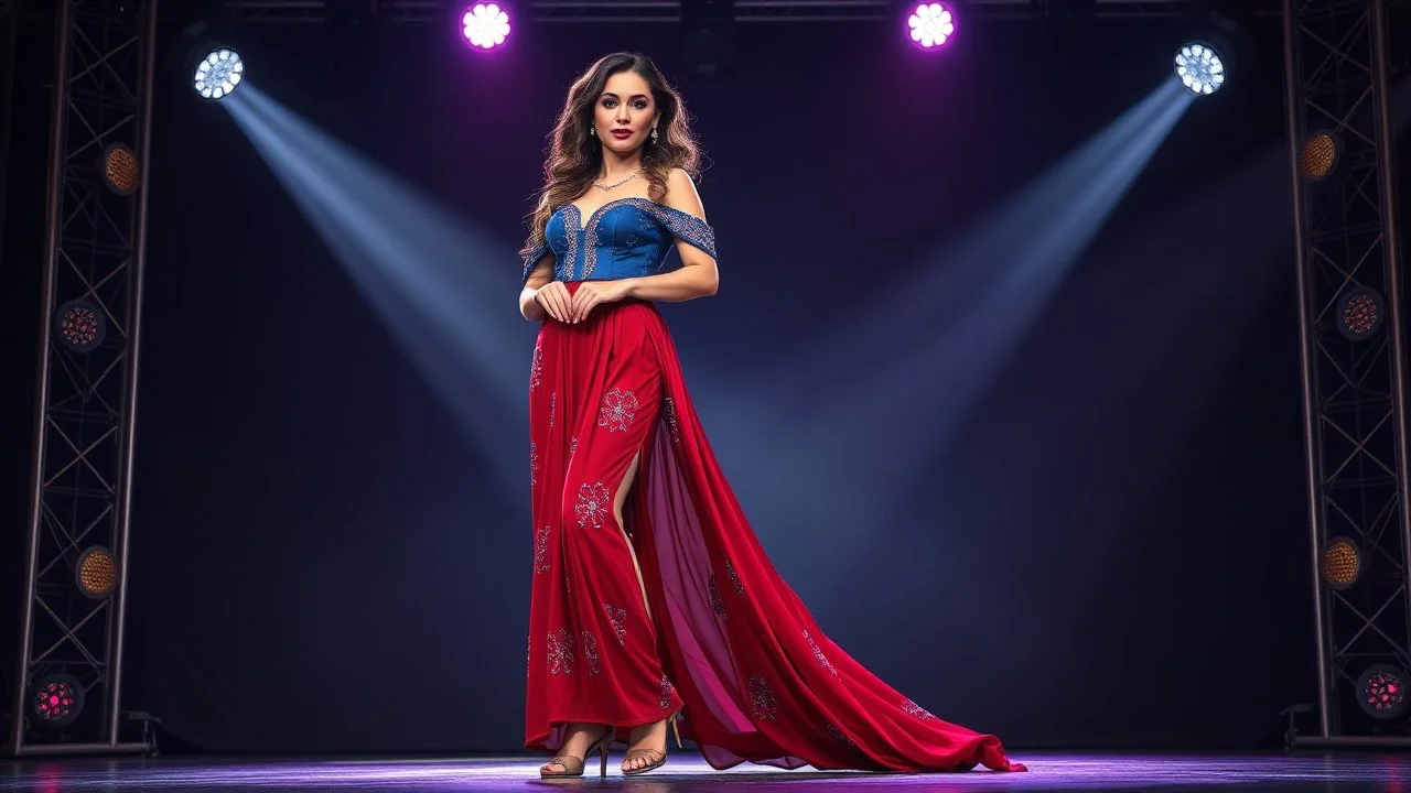 very beautiful 1 lady with makeup curvy hair pretty dark red long skirt and bluose with nice jewel patterns high heels, full body standing gracefully in modern stage,dynamic lights