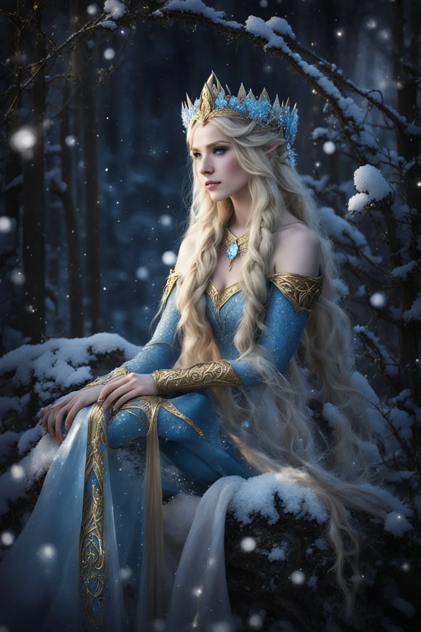 Elven princess,elven crown,long blonde golden hair,rapunzel hair,ice flowers,beautiful,light blue,dark blue,golden armor,sparkle,glitter,ice flowers,snow,elven ears,dark fairy princess