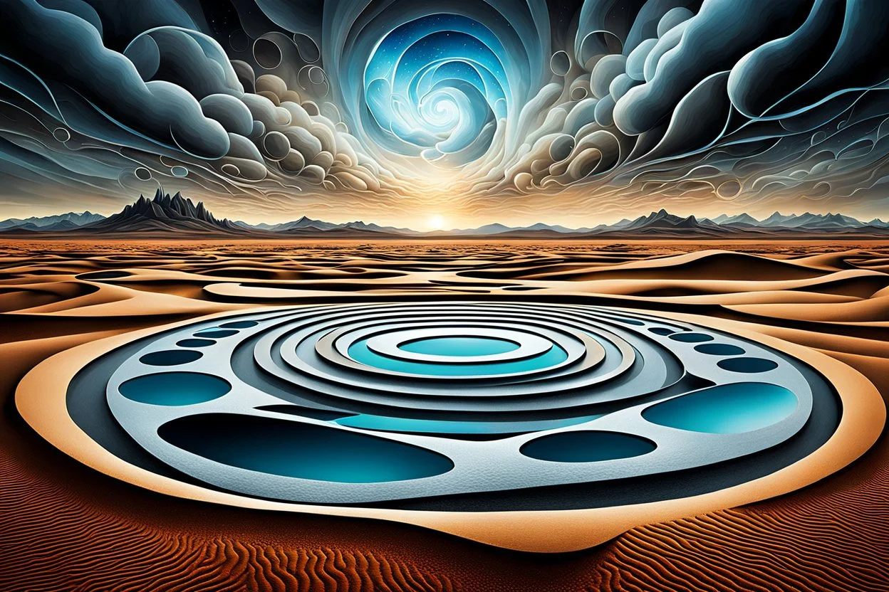 Abstract Landscape in surreal iced desert, with floating and standing geometric shapes intertwined to create a captivating pattern. The scene features circles, ovals, and squares, all enhanced by overlapping shadows and reflections, adding depth and dimension. The sky is dramatic, filled with swirling dark clouds and lightning, creating an intense atmosphere. The color palette consists of rich, deep hues, painting watercolor and dark ink techniques brings a cinematic and dreamlike