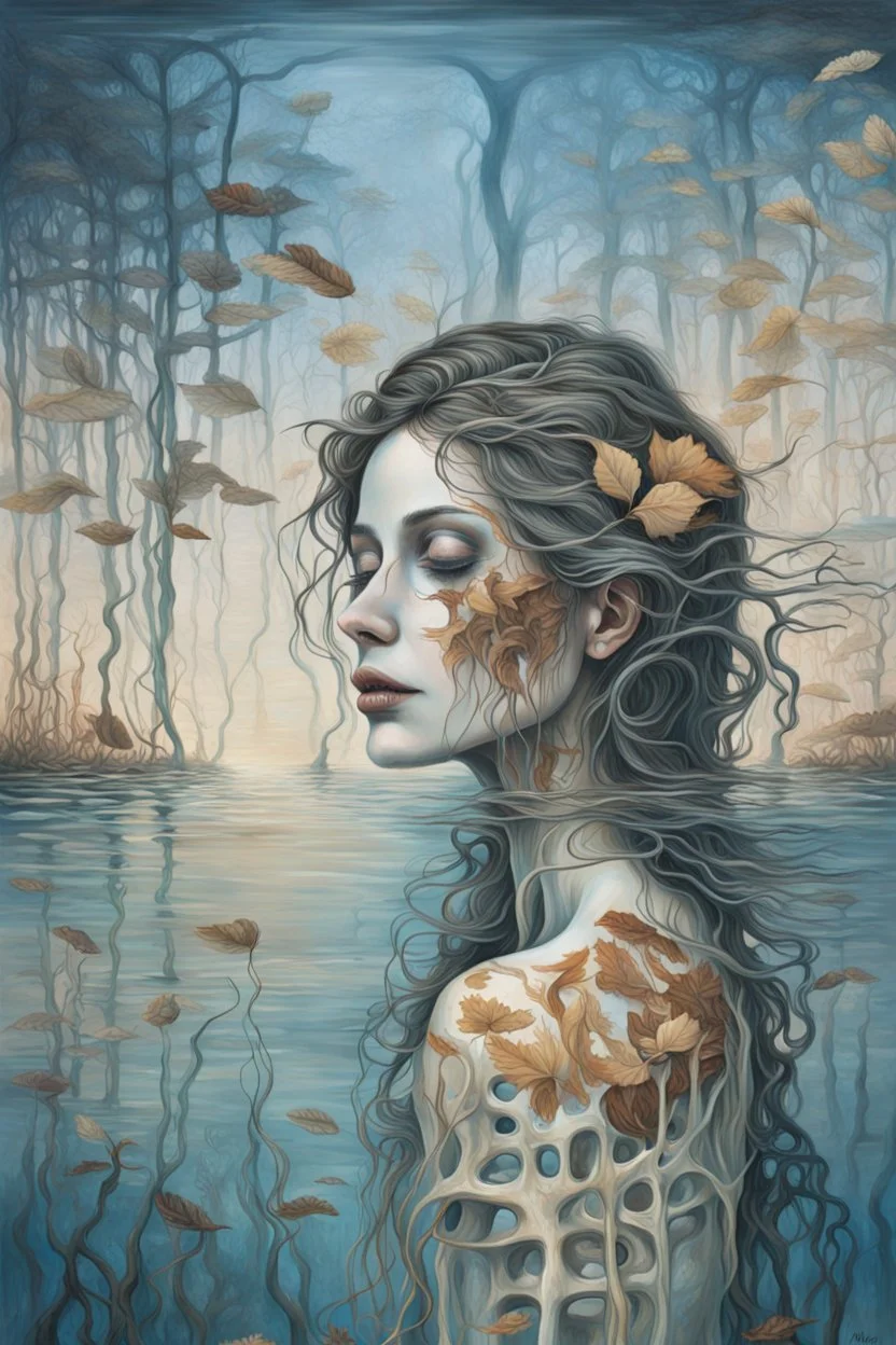 surrealistic painting depicts a woman submerged in water, with only her face visible above the surface. Her hair is dark brown with blonde highlights, and her eyes are a warm brown. Below the waterline, her torso is replaced by a skeletal ribcage entwined with translucent, organic root-like structures and dried leaves, revealing the internal decay beneath the skin. The upper part of the painting features a dilapidated, light-colored building with multiple levels and a dome, seemingly floating on