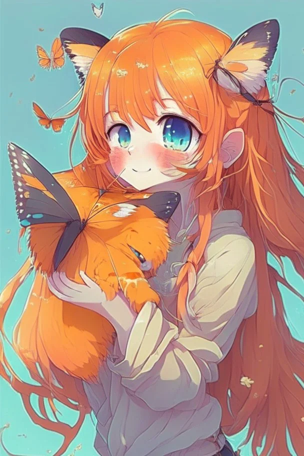 very cute anime cat with long orange hair catching a butterfly