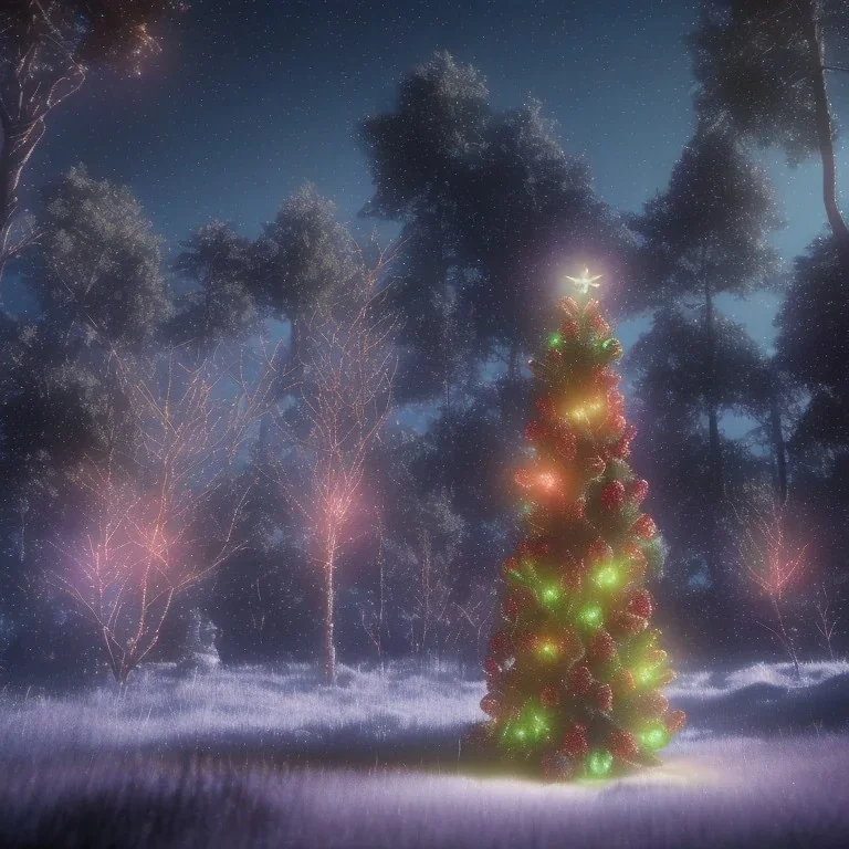 Christmas trees, with christmas lights, very bright, in the forest, at night with stars everywhere