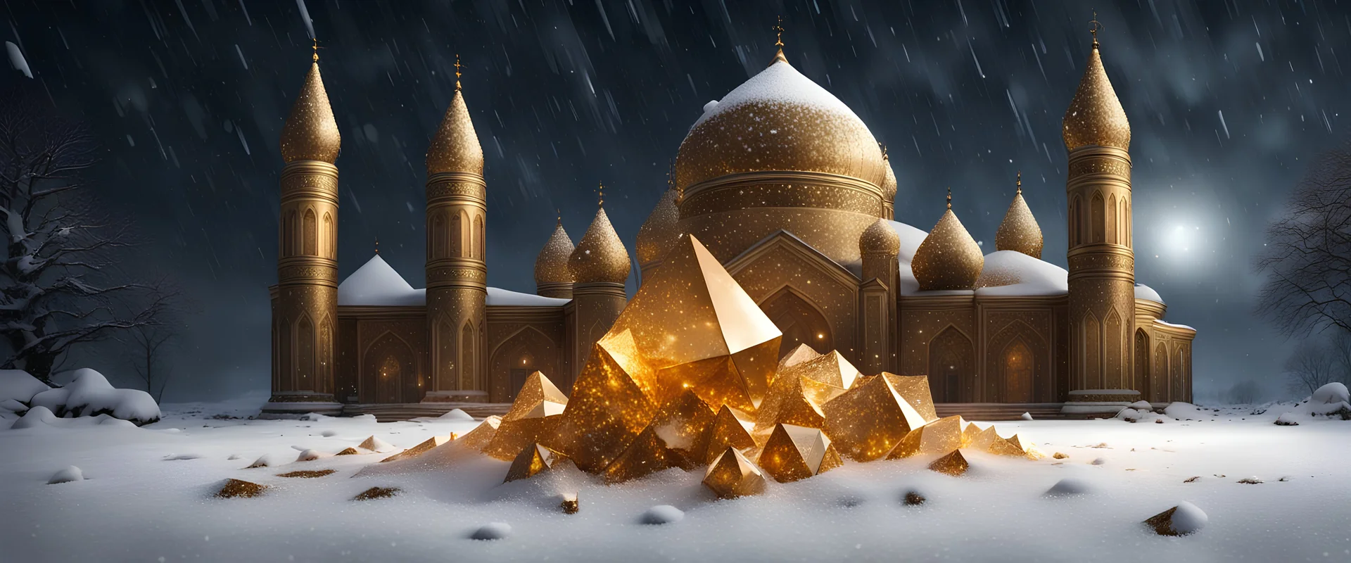 Hyper Realistic Big golden Crystals on snow outside a big Dark Abandoned Mosque with beautifully crafted Marinates at dark heavy snowfall night